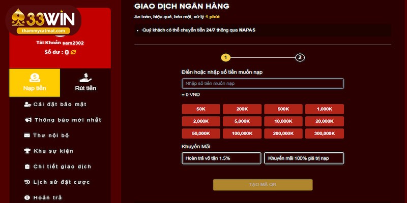 Nạp tiền 33Win qua hình thức ngân hàng đơn giản